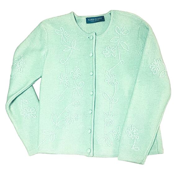 Karen Scott Sage Green Floral Embroidered Button Front Wool Cardigan Size Small - Picture 1 of 10